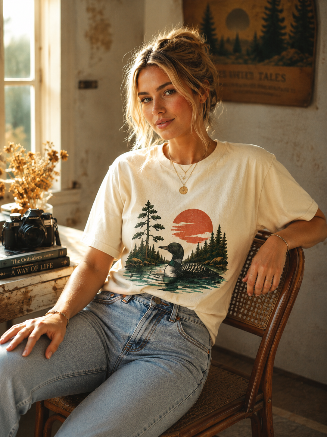 T-Shirt Vintage Wildlife Bird Graphic Loon Lake Nature