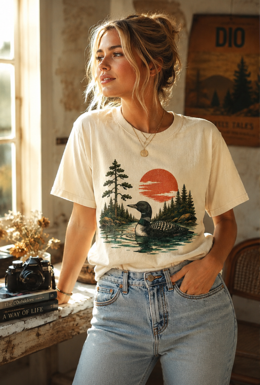 T-Shirt Vintage Wildlife Bird Graphic Loon Lake Nature