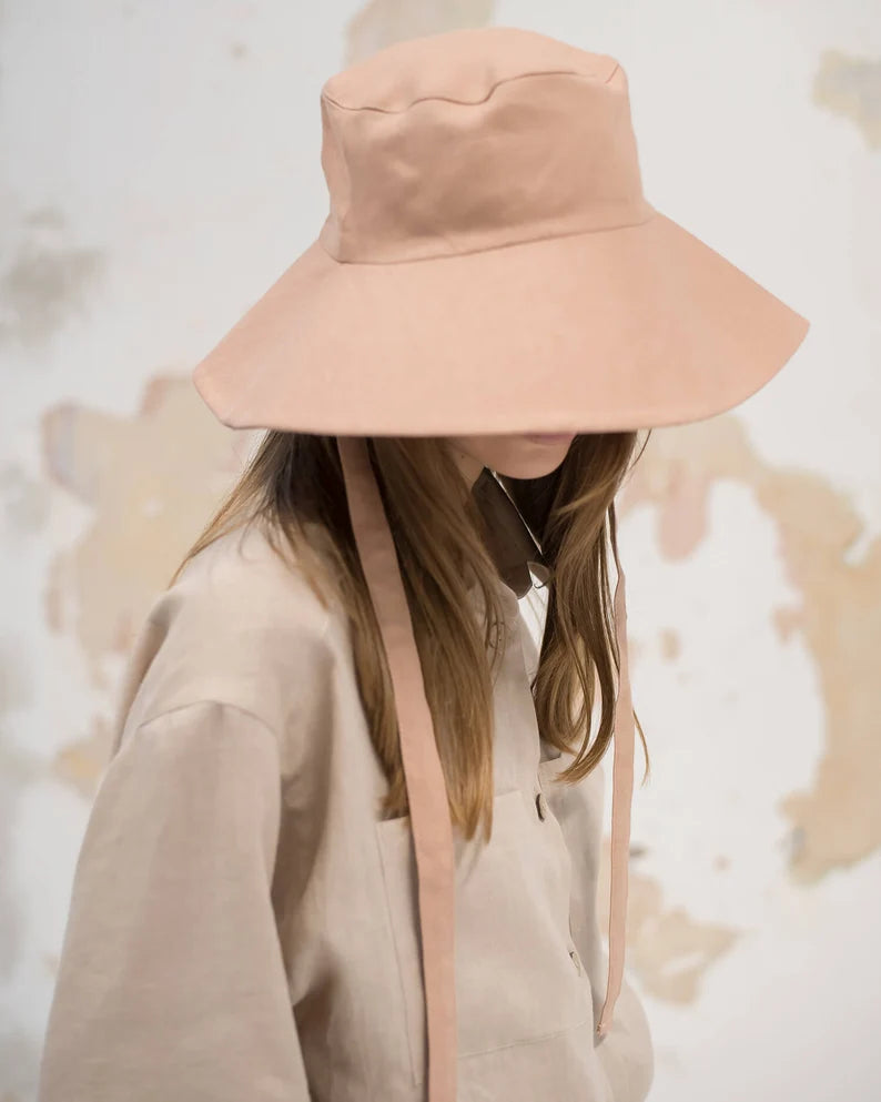 Linen Sun Hat with Straps - Wide Brim Linen Hat & Summer Panama Style Beach Cap