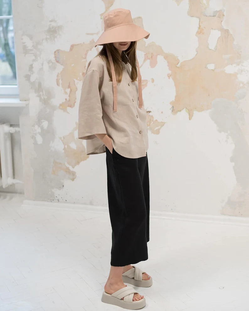 Linen Sun Hat with Straps - Wide Brim Linen Hat & Summer Panama Style Beach Cap