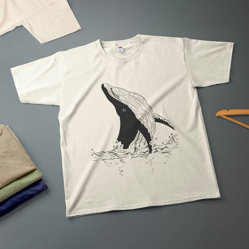 Whale Ink Drawing T-Shirt - Hand-Drawn Marine Art Tee & Nature Lover Graphic Shirt