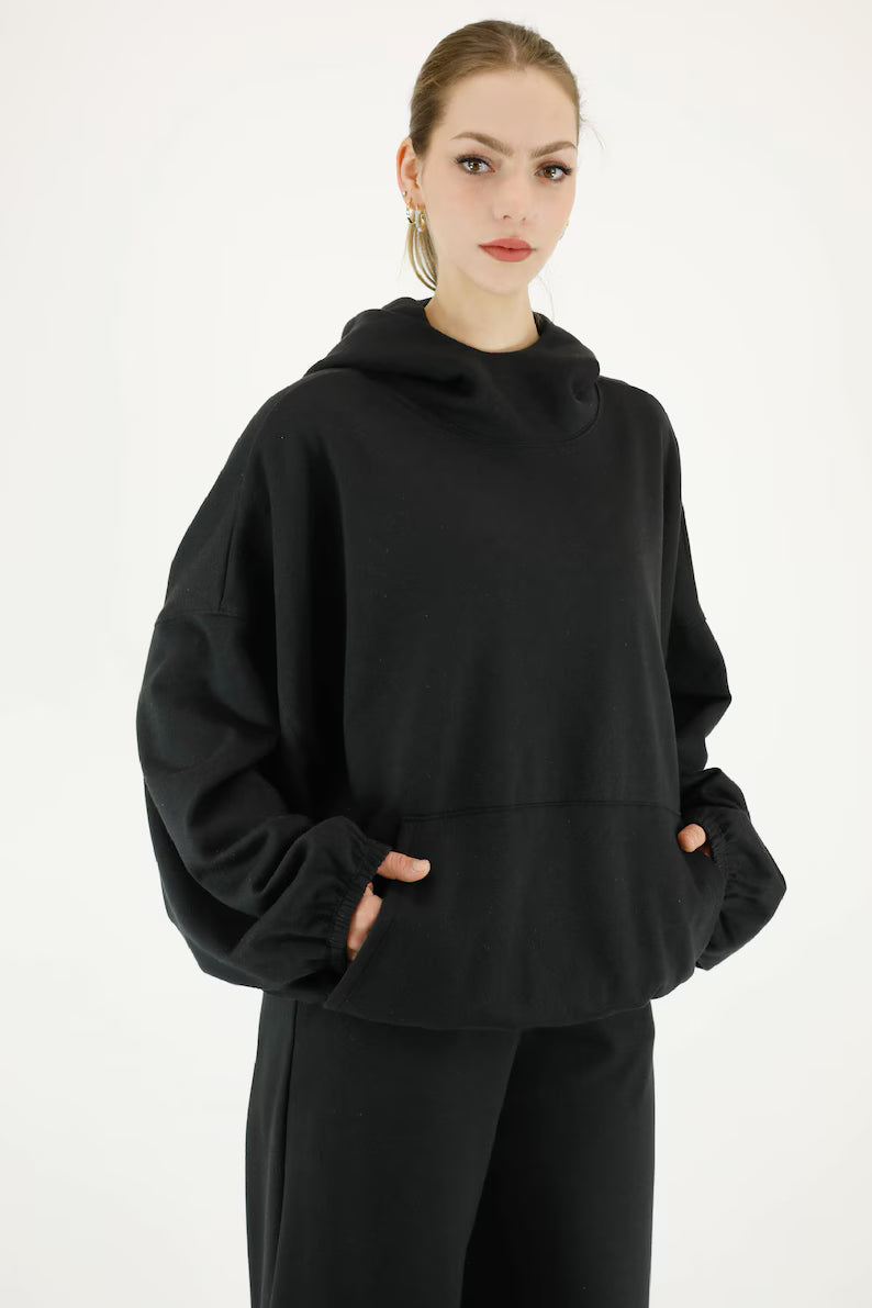 Unisex High Neck Fleece Pullover Hoodie