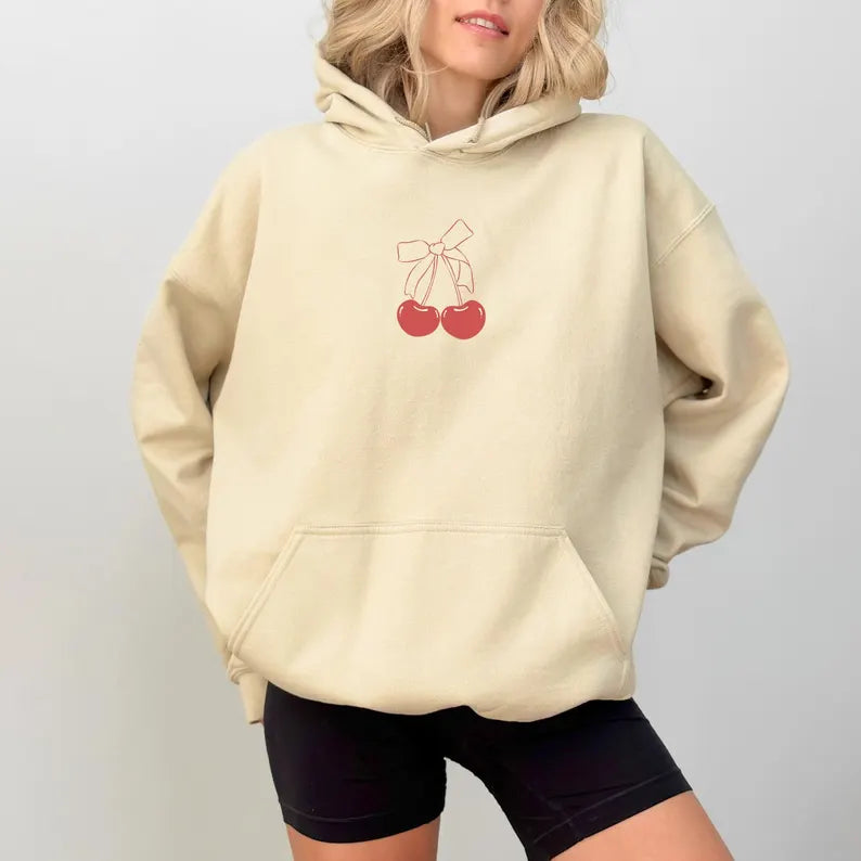 Cherry Bow Hoodie - Red Cherry & Bow Oversized Minimalist Pullover & Soft Coquette Sweatshirt