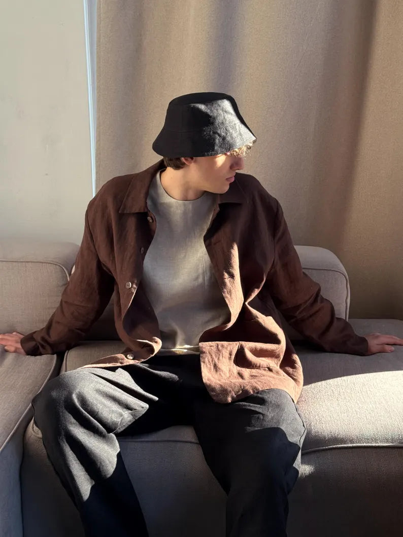 Men's Linen Bucket Hat - Natural Fabric Black Bucket Hat & Breathable Summer Sun Cap