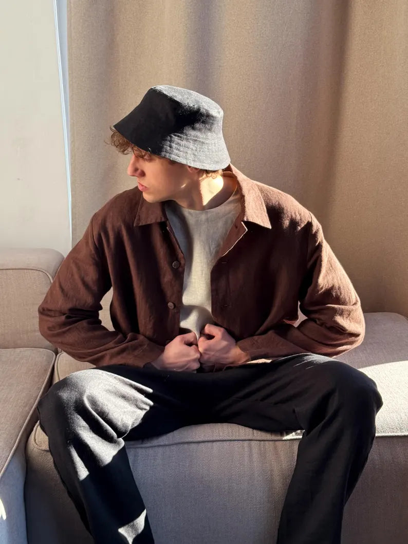 Men's Linen Bucket Hat - Natural Fabric Black Bucket Hat & Breathable Summer Sun Cap