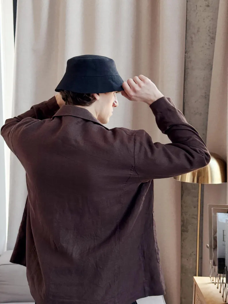 Men's Linen Bucket Hat - Natural Fabric Black Bucket Hat & Breathable Summer Sun Cap