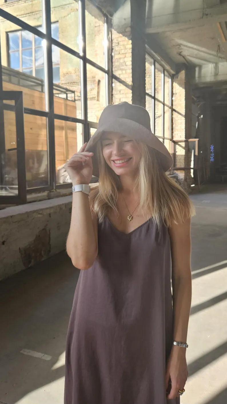 Taupe Linen Sun Hat for Women - Handmade Summer Panama & Breathable Beach Linen Bucket Hat