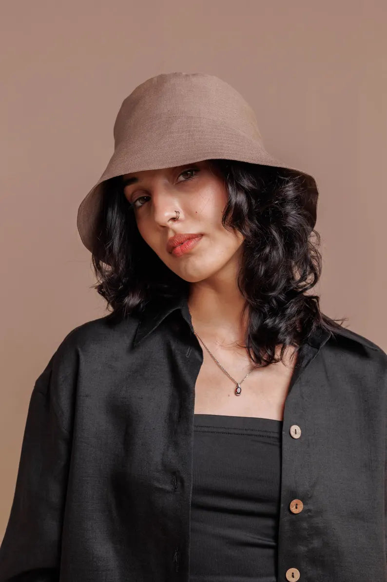 Taupe Linen Sun Hat for Women - Handmade Summer Panama & Breathable Beach Linen Bucket Hat
