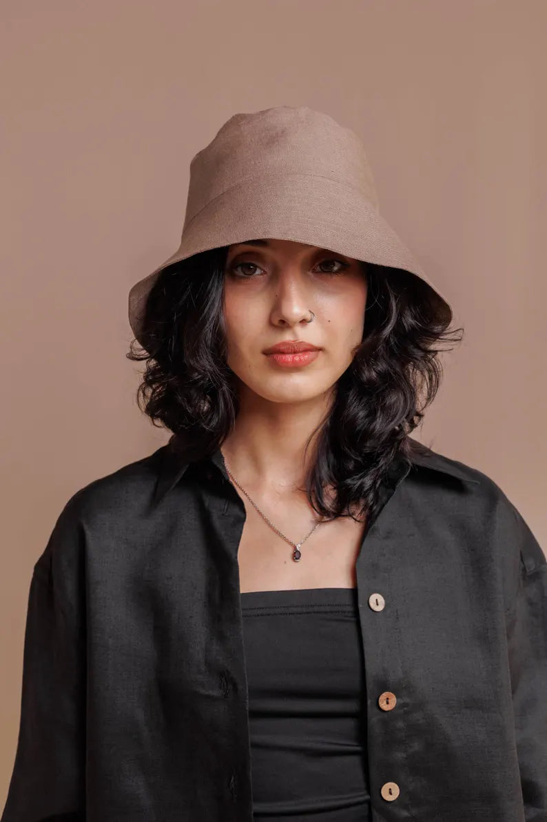 Taupe Linen Sun Hat for Women - Handmade Summer Panama & Breathable Beach Linen Bucket Hat