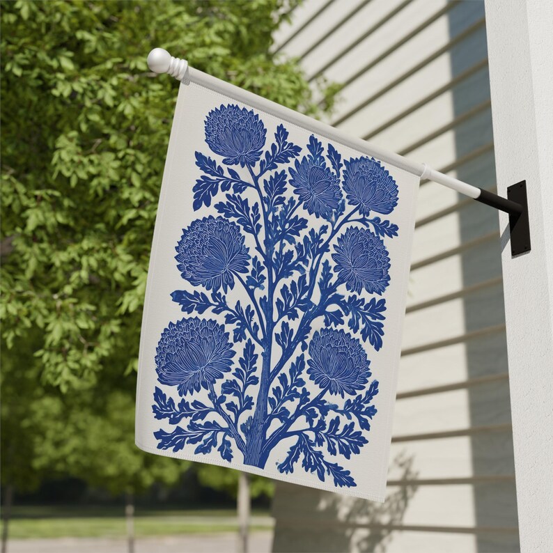 Thistle Block Print Home and Garden Flag - Vintage Wildflowers Porch Banner & Retro Blue Floral House Flag