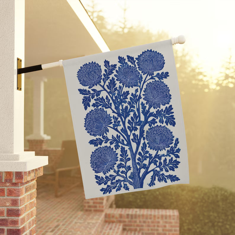 Thistle Block Print Home and Garden Flag - Vintage Wildflowers Porch Banner & Retro Blue Floral House Flag
