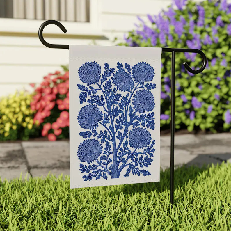 Thistle Block Print Home and Garden Flag - Vintage Wildflowers Porch Banner & Retro Blue Floral House Flag