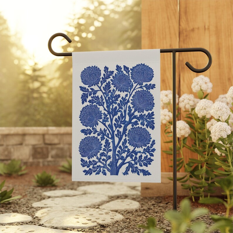 Thistle Block Print Home and Garden Flag - Vintage Wildflowers Porch Banner & Retro Blue Floral House Flag