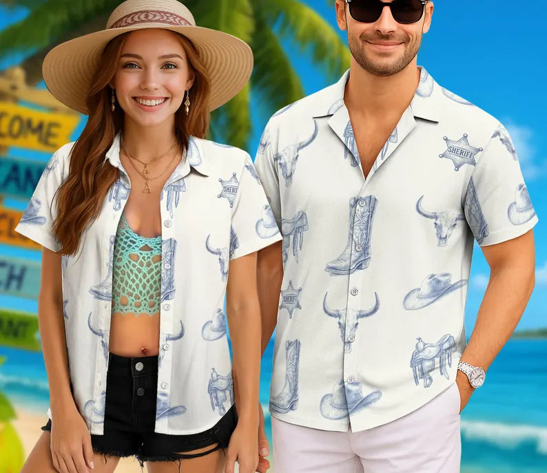 Vintage Cowboy Hawaiian Shirt for Men, Women & Youth - Retro Western Family Matching Outfit