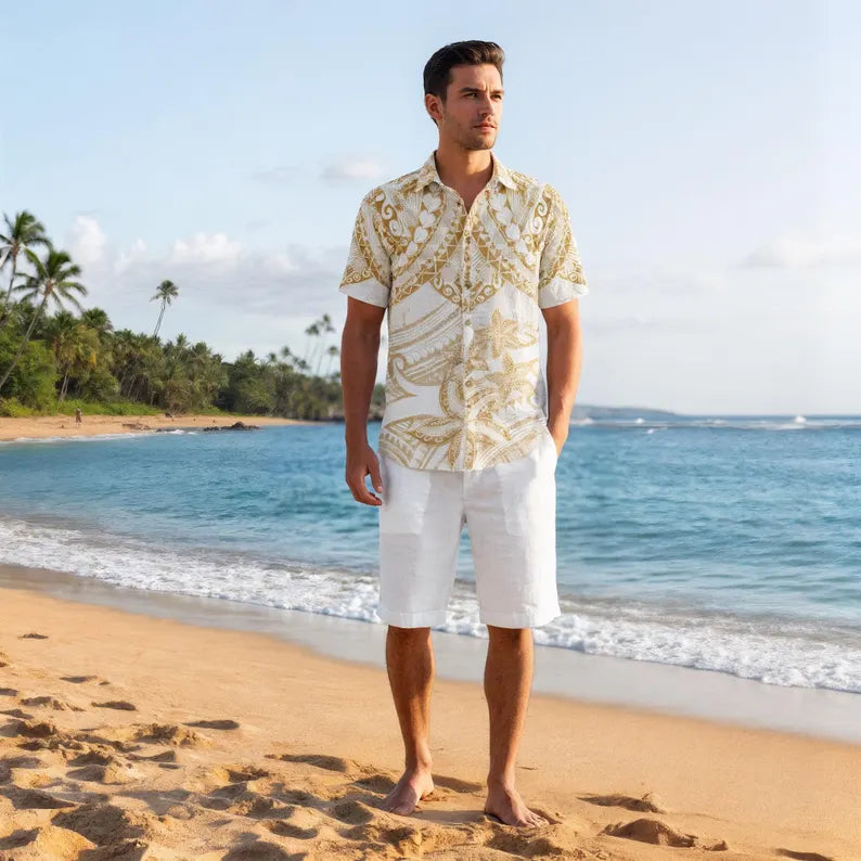 White and Gold Polynesia Long Sleeve Dress & Hawaiian Shirt Set - Matching Plumeria Tattoo Polynesian Outfits