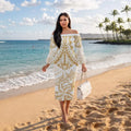 White and Gold Polynesia Long Sleeve Dress & Hawaiian Shirt Set - Matching Plumeria Tattoo Polynesian Outfits