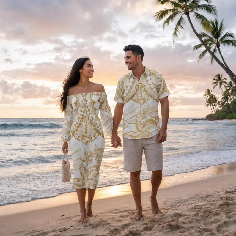 White and Gold Polynesia Long Sleeve Dress & Hawaiian Shirt Set - Matching Plumeria Tattoo Polynesian Outfits