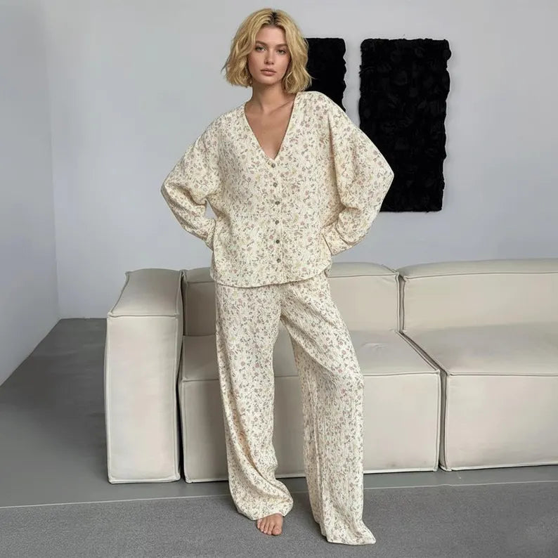 Floral Muslin Cozy Pajama Set - Ruffle Trim Cotton Sleepwear & Soft Floral Print Loungewear