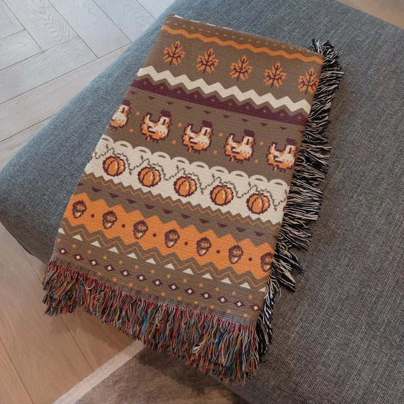 Stardew Fall Pixel Chickens Woven Throw Blanket - Cozy Autumn Farm Sim Blanket & Pixel Art Tapestry