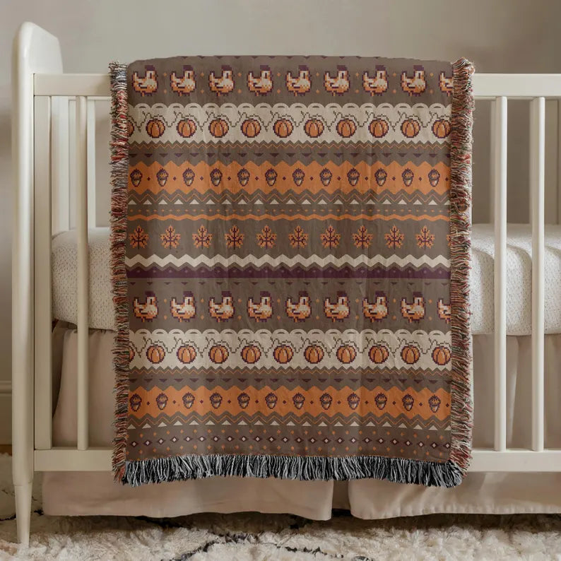 Stardew Fall Pixel Chickens Woven Throw Blanket - Cozy Autumn Farm Sim Blanket & Pixel Art Tapestry