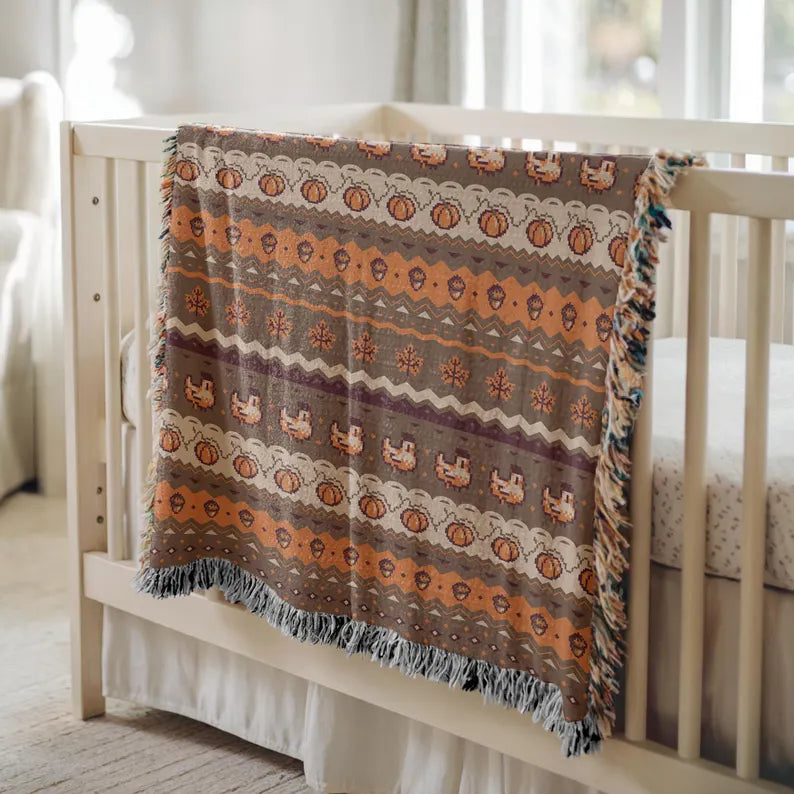 Stardew Fall Pixel Chickens Woven Throw Blanket - Cozy Autumn Farm Sim Blanket & Pixel Art Tapestry