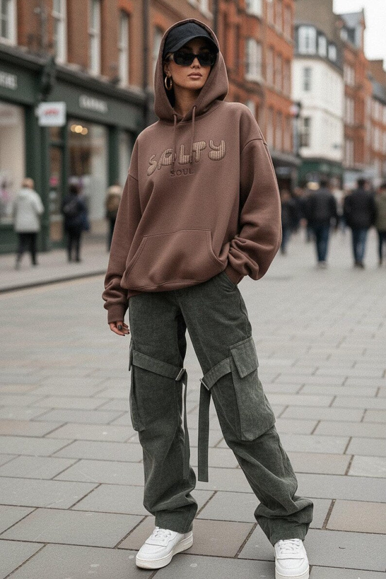 Oversized Brown Streetwear Hoodie - Unisex Cozy Pullover & Casual Neutral Aesthetic Fall Sweater