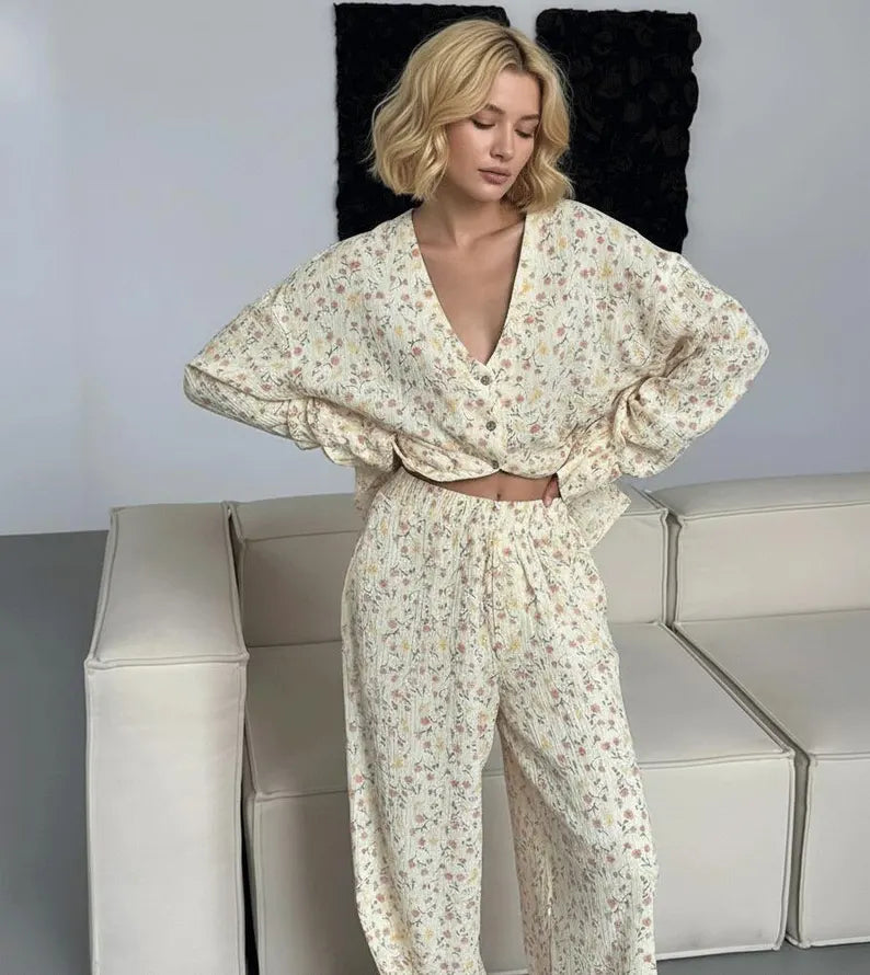 Floral Muslin Cozy Pajama Set - Ruffle Trim Cotton Sleepwear & Soft Floral Print Loungewear