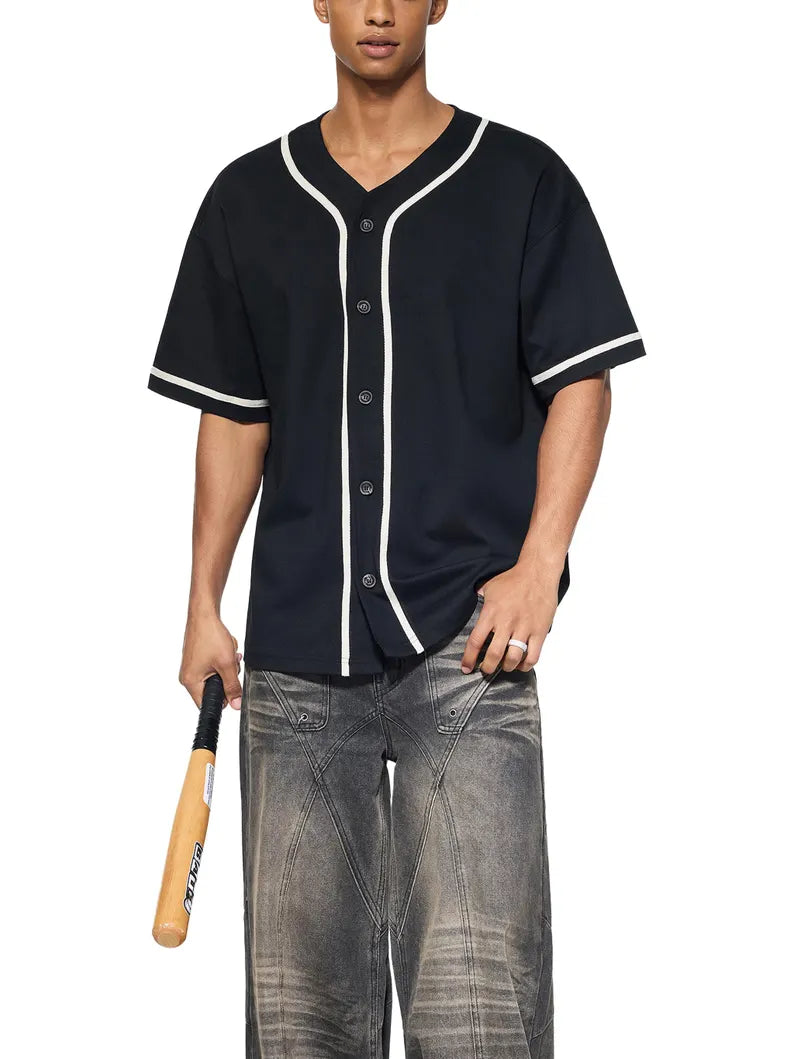 Contrast Piped Button Up Jersey - Unisex Streetwear Baseball Style Shirt & Retro Sportswear Top