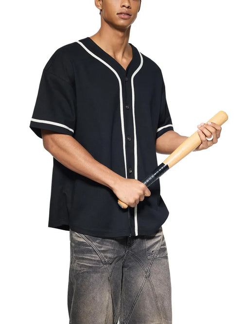 Contrast Piped Button Up Jersey - Unisex Streetwear Baseball Style Shirt & Retro Sportswear Top