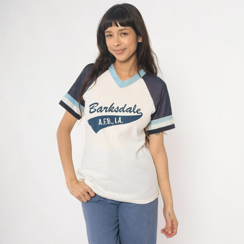 80s Varsity Jersey Raglan Sleeve Tee Striped Baseball T-Shirt