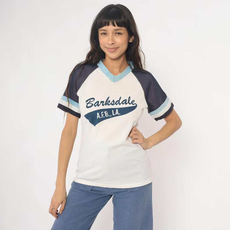 80s Varsity Jersey Raglan Sleeve Tee Striped Baseball T-Shirt