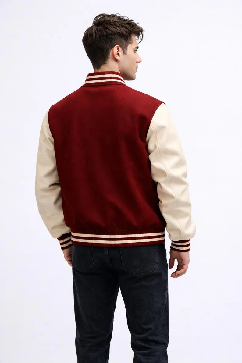 Men’s Red Varsity Jacket - Wool Body & Cream Leather Sleeves Vintage Letterman Retro Streetwear Bomber Jacket