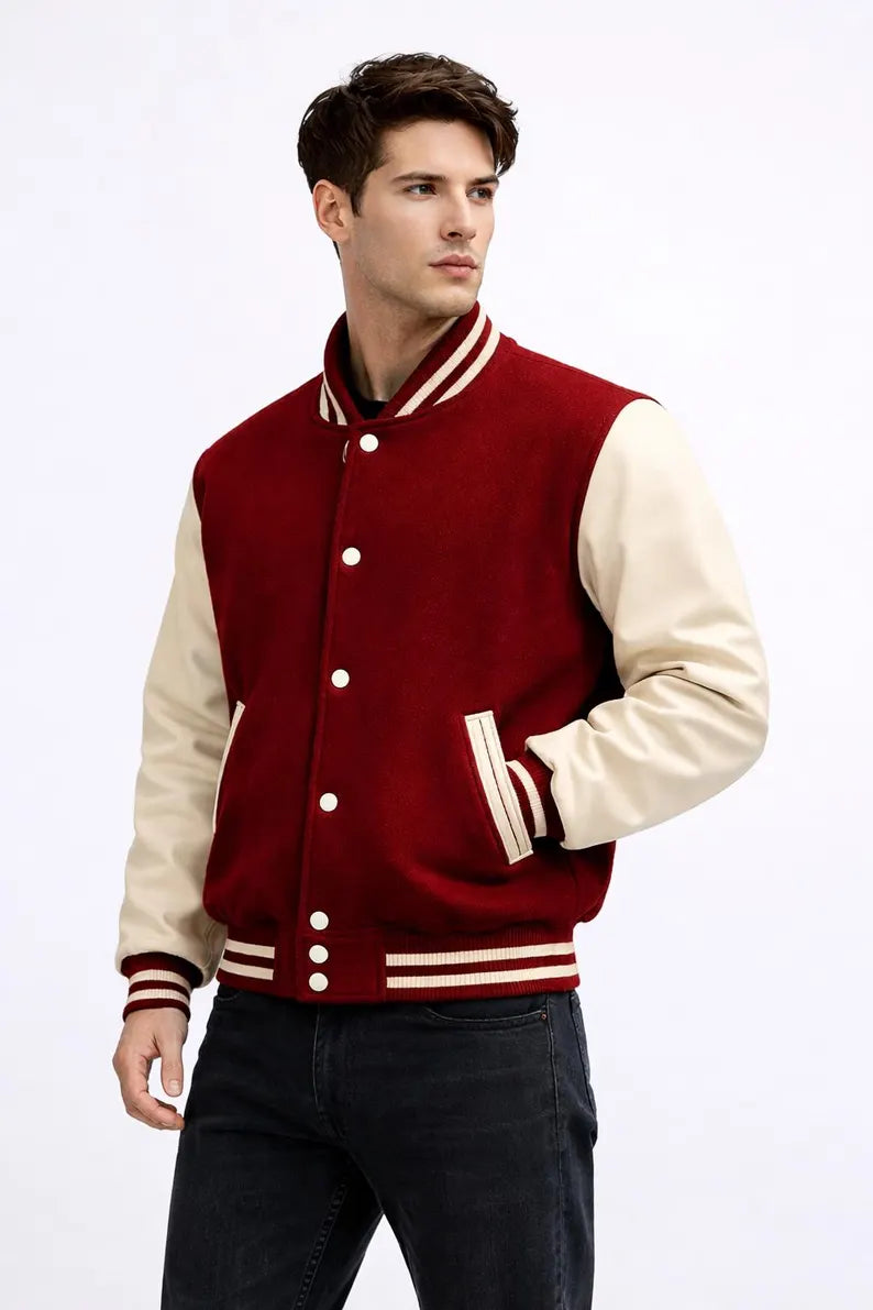 Men’s Red Varsity Jacket - Wool Body & Cream Leather Sleeves Vintage Letterman Retro Streetwear Bomber Jacket
