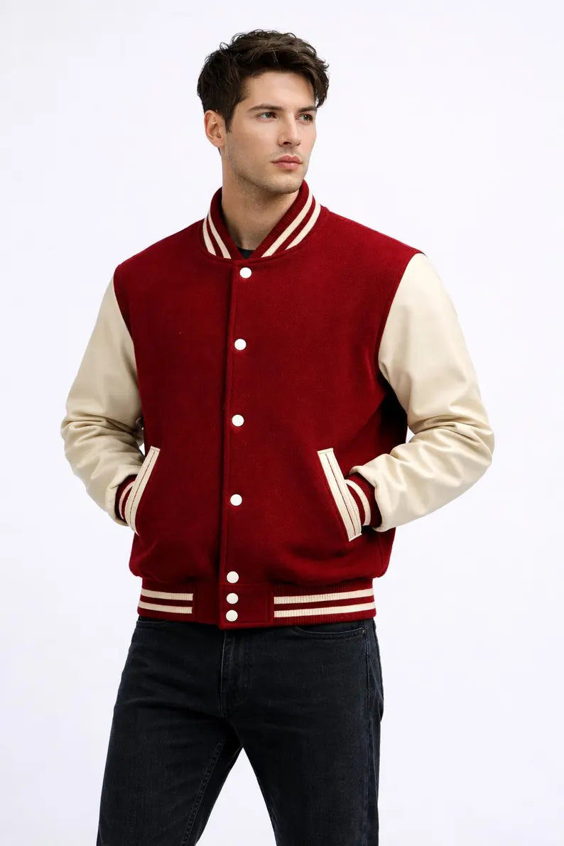 Men’s Red Varsity Jacket - Wool Body & Cream Leather Sleeves Vintage Letterman Retro Streetwear Bomber Jacket