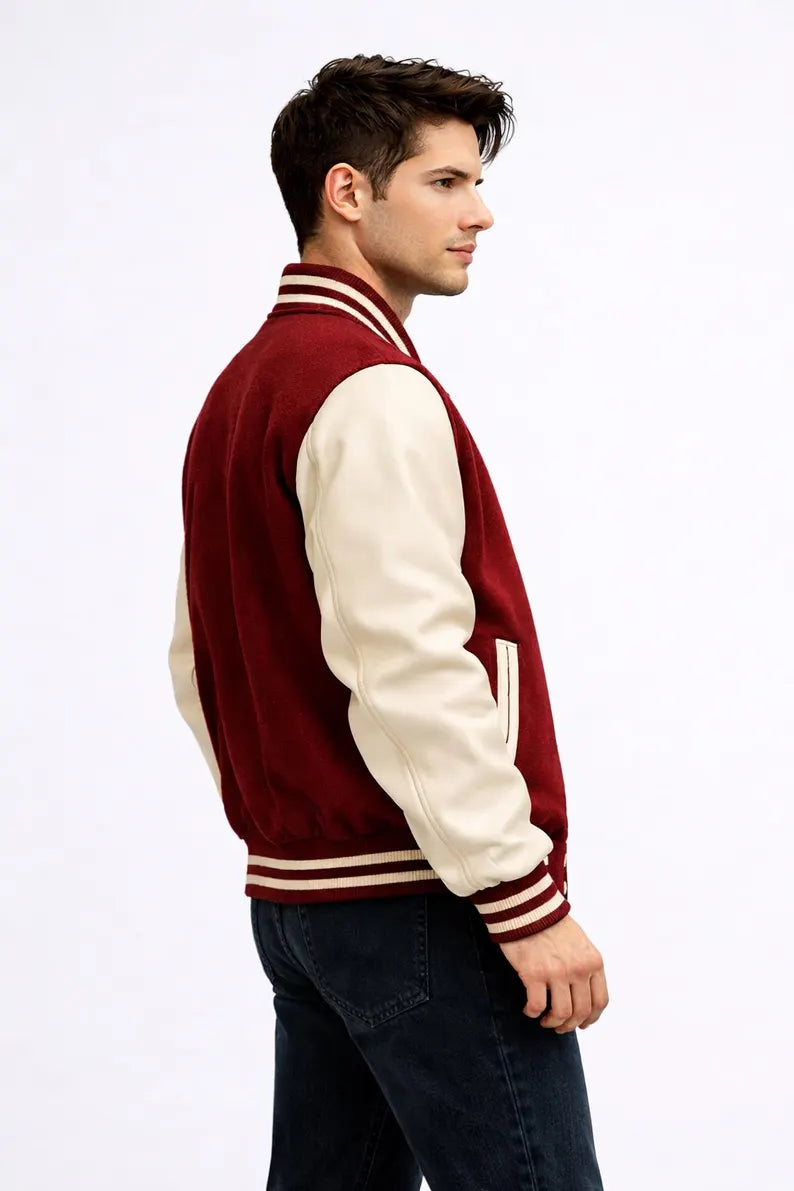 Men’s Red Varsity Jacket - Wool Body & Cream Leather Sleeves Vintage Letterman Retro Streetwear Bomber Jacket