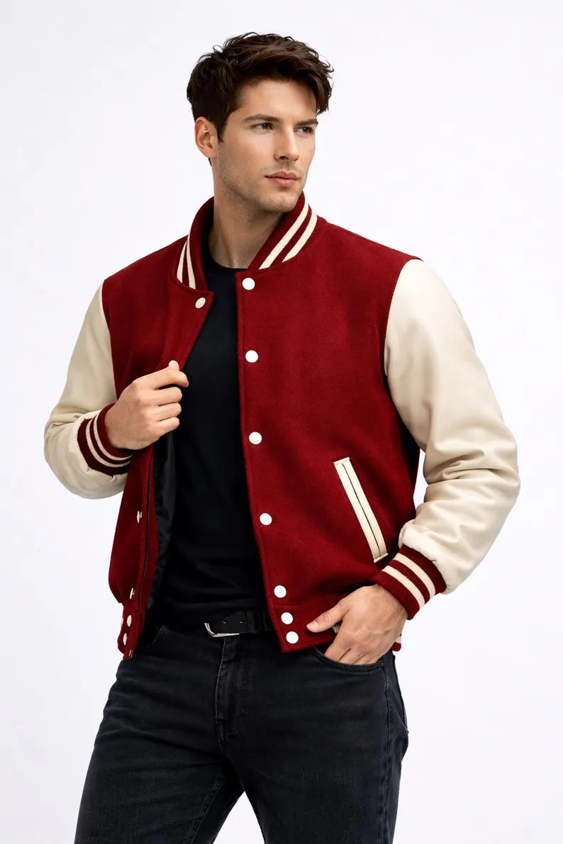 Men’s Red Varsity Jacket - Wool Body & Cream Leather Sleeves Vintage Letterman Retro Streetwear Bomber Jacket