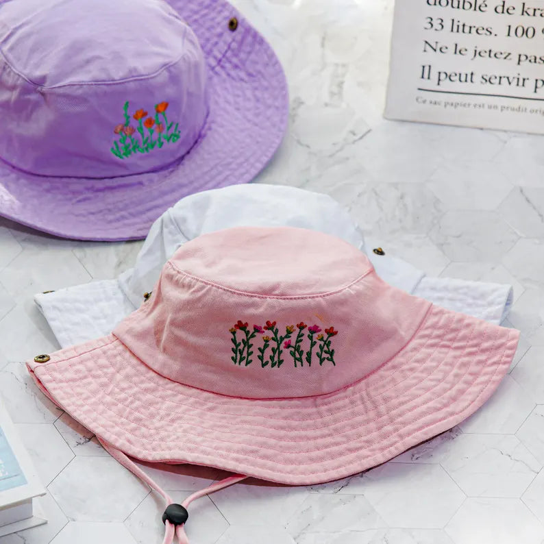 Embroidered Floral Bucket Hat for Hiking - Outdoor Sun Hat with Chin Strap & Cute Pastel Boonie Hat