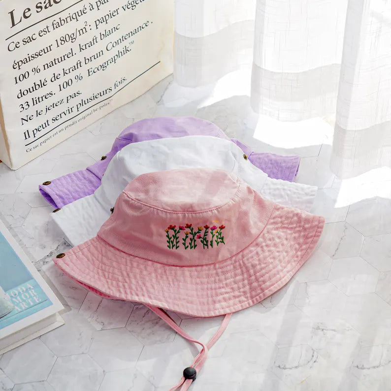 Embroidered Floral Bucket Hat for Hiking - Outdoor Sun Hat with Chin Strap & Cute Pastel Boonie Hat
