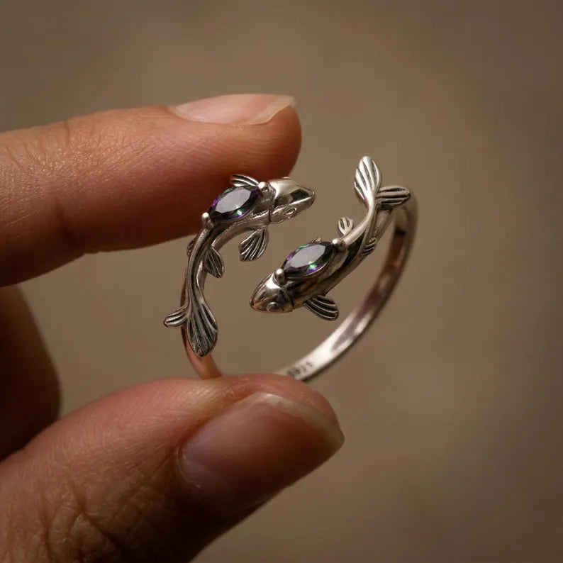 S925 Sterling Silver Zodiac Ring - Mystic Gemstone Fish Ring & Adjustable Vintage Celestial Jewelry