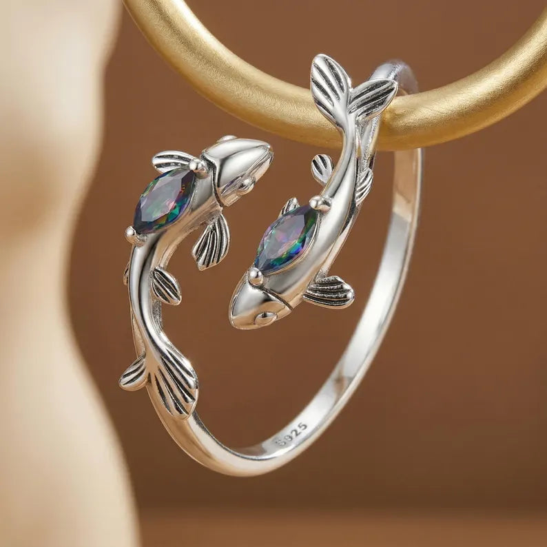 S925 Sterling Silver Zodiac Ring - Mystic Gemstone Fish Ring & Adjustable Vintage Celestial Jewelry