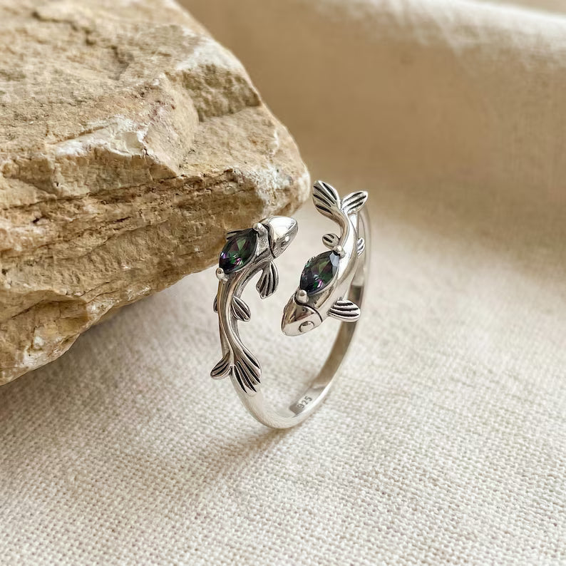 S925 Sterling Silver Zodiac Ring - Mystic Gemstone Fish Ring & Adjustable Vintage Celestial Jewelry