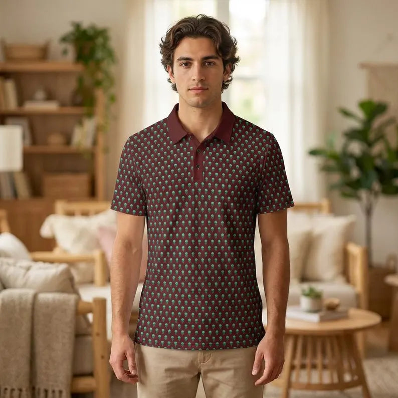Teal Skull Pattern Polo Shirt - Edgy All-Over Print Performance Golf Polo & Modern Streetwear Shirt