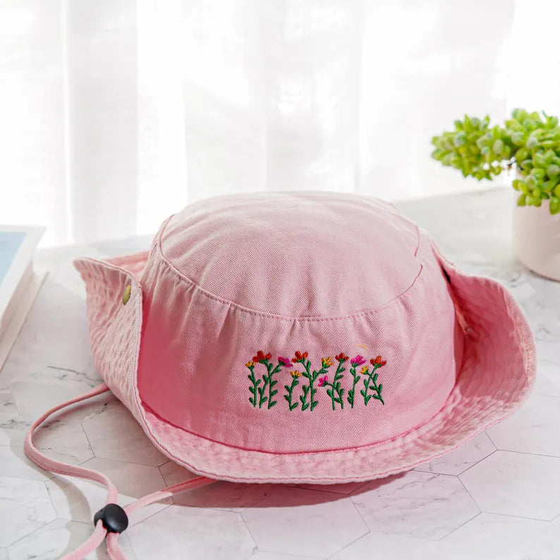 Embroidered Floral Bucket Hat for Hiking - Outdoor Sun Hat with Chin Strap & Cute Pastel Boonie Hat