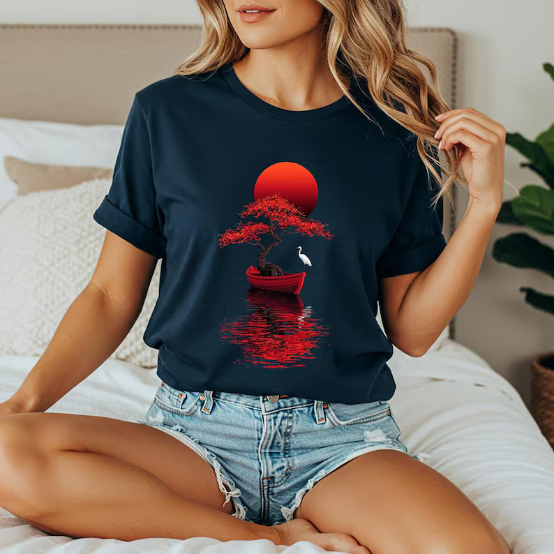 Japanese Tree Boat T-Shirt - Red Sun Graphic Tee & Minimalist Zen Art Nature Shirt