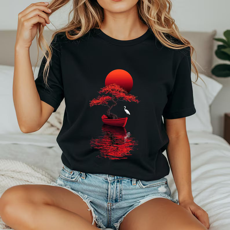 Japanese Tree Boat T-Shirt - Red Sun Graphic Tee & Minimalist Zen Art Nature Shirt