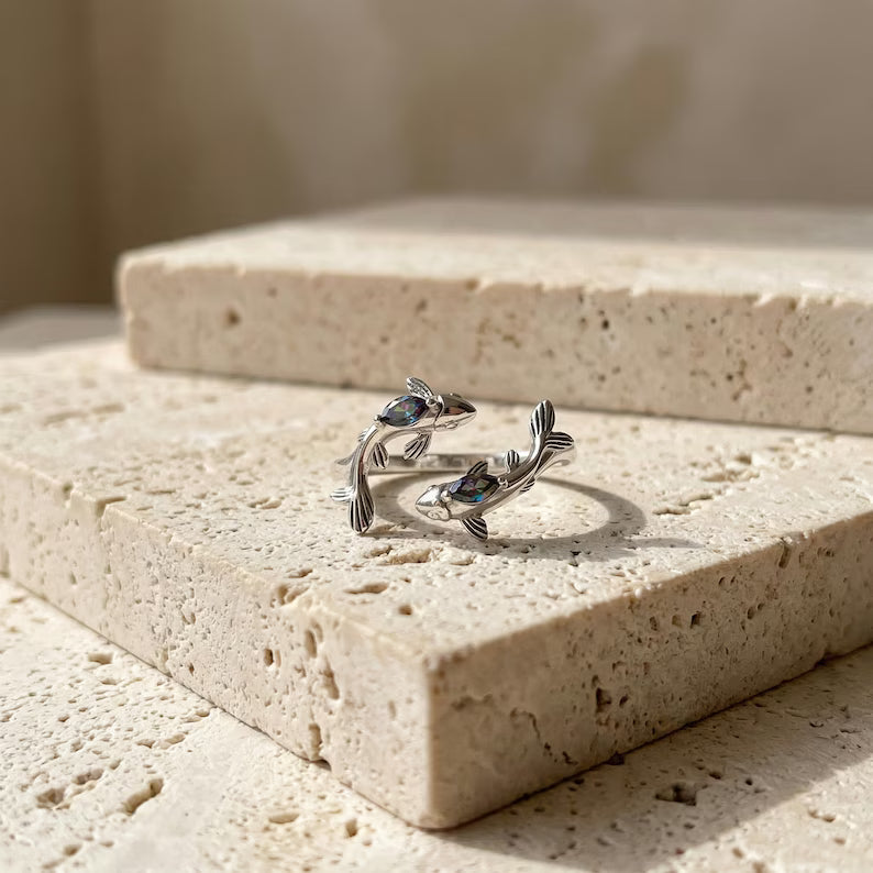 S925 Sterling Silver Zodiac Ring - Mystic Gemstone Fish Ring & Adjustable Vintage Celestial Jewelry