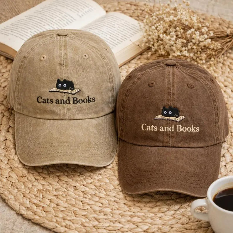 Cats and Books Embroidered Hat - Vintage Dad Cap & Cute Book Lover Gift Reading Baseball Hat