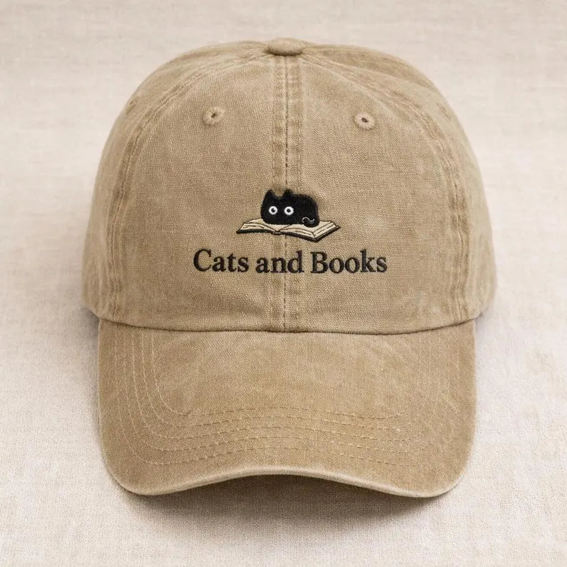 Cats and Books Embroidered Hat - Vintage Dad Cap & Cute Book Lover Gift Reading Baseball Hat