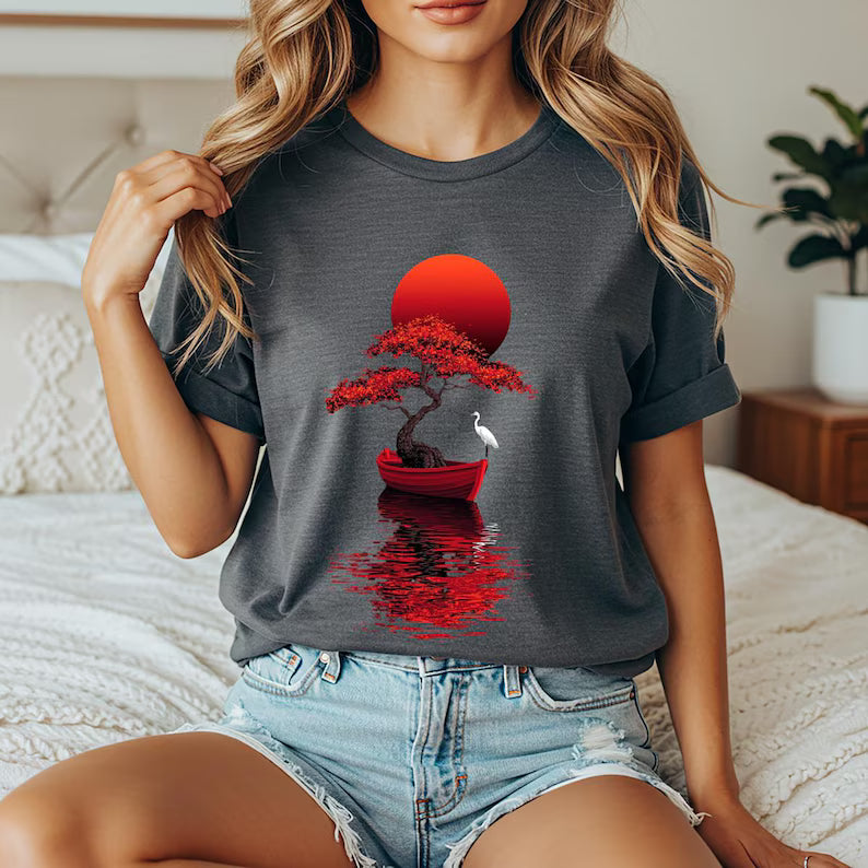 Japanese Tree Boat T-Shirt - Red Sun Graphic Tee & Minimalist Zen Art Nature Shirt