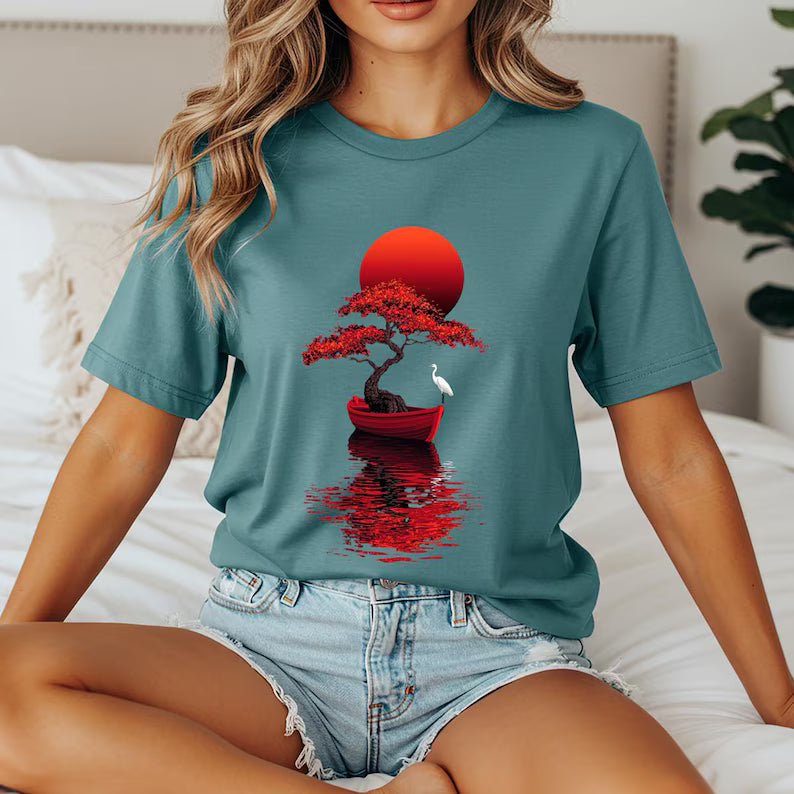 Japanese Tree Boat T-Shirt - Red Sun Graphic Tee & Minimalist Zen Art Nature Shirt